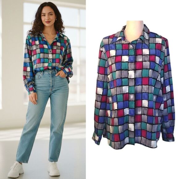 VTG 90s Colorful Colorblock Printed Button Down Satin Blouse Size 12 - Picture 1 of 15